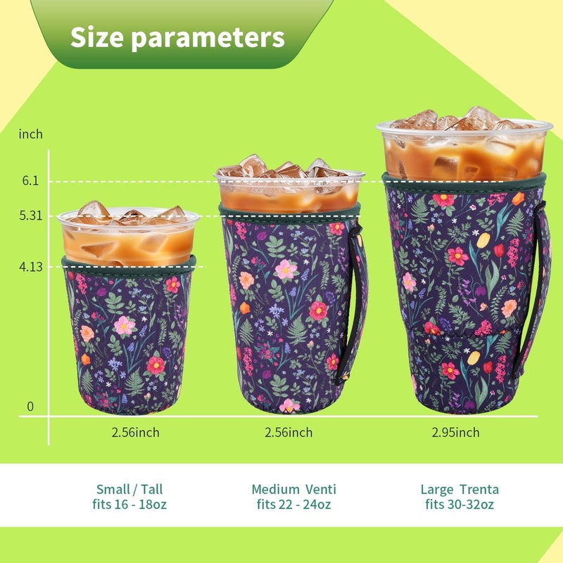 Snowso 3 Pack Iced Coffee sleeve Insulated Neoprene Cup Sleeves with handle For Cold Drinks Beverages, Reusable Cup Holder for 16oz-32oz Coffee Cups (Vintage Flowers) - Image 2